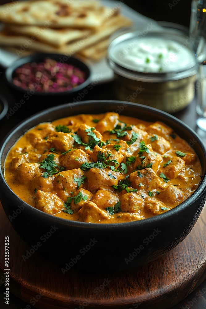 A delicious butter chicken served on a table inside an Indian restaurant. A delicious butter chicken served on a table inside an Indian restaurant.
