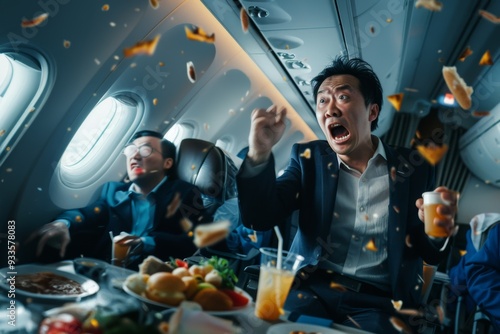 Anxiety air aircraft cabin disturbance overhead luggage jostling. Observation of shaking chairs anxious travelers flight. Symbolizing life's unexpected challenges and need preparedness. photo