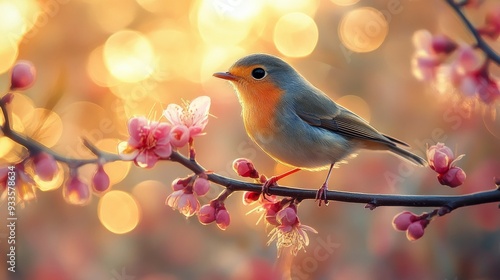 Robin Perched on a Branch with Pink Blossoms