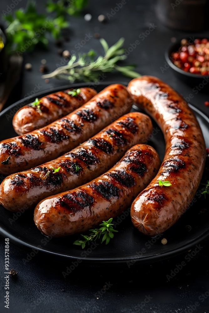 A top-down magazine-quality shot of Bratwurst sausages on a dark background. A top-down magazine-quality shot of Bratwurst sausages on a dark background.