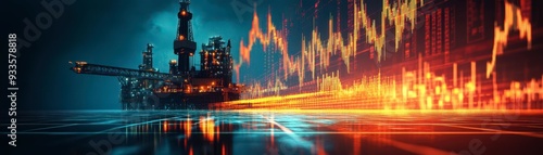 A visually striking oil rig with vibrant energy charts, symbolizing the dynamic nature of the oil and gas industry.