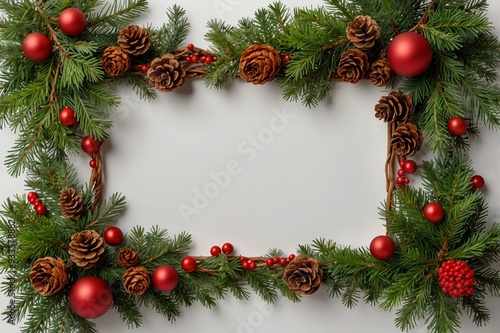 Creative frame made of Christmas fir branches on white background with red decoration, pine cones. Xmas and New Year theme. Flat lay, top view