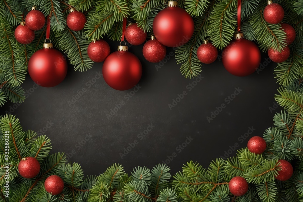 Fir tree branches with red christmas balls frame Fir tree branches with red christmas balls frame