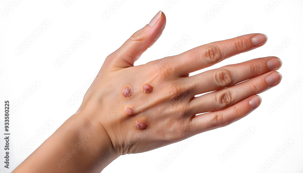 Close-up of a human hand showing monkeypox blisters on a clean white background Close-up of a human hand showing monkeypox blisters on a clean white background