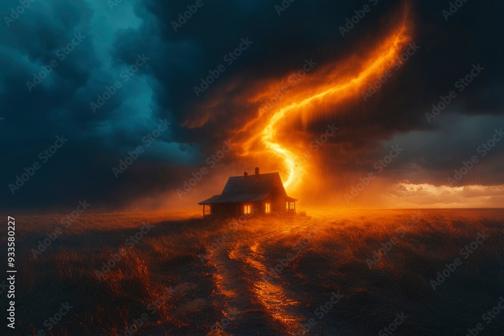 Fototapeta premium A Cabin Illuminated by a Dramatic Storm and Lightening