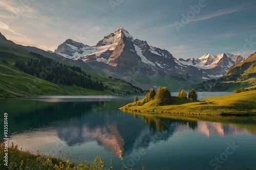 A tranquil evening view of bachalpsee lake surrounded by the lush greenery with the swiss alps in the background, bathed in the warm light of the setting sun.