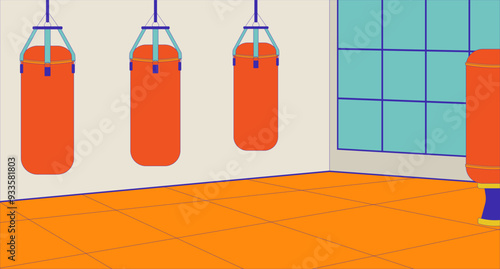 Martial arts gym empty cartoon flat illustration. Exercise room with punching bags 2D interior colorful background. Kickboxing karate practice schoolroom. Boxing bags sport center scene vector image