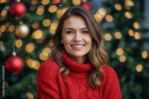 Wallpaper Mural holidays, celebration and people concept - smiling woman in red sweater over christmas tree background Torontodigital.ca