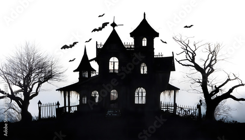 A spooky haunted house silhouette with jagged edges and broken windows