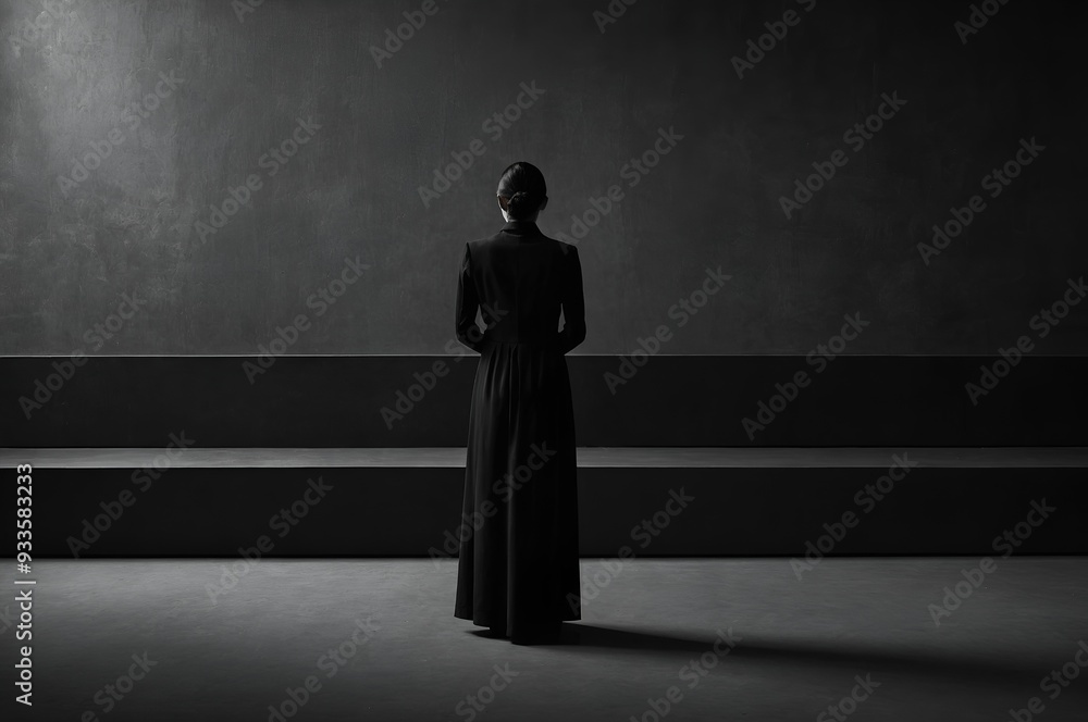 Obraz premium A solitary figure in a long black dress stands with her back to the viewer in a dark, minimalist space. The image evokes a sense of solitude, mystery, and contemplation.