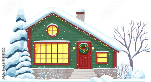 Christmas house under winter snow, holiday home building with snowy roof, vector facade exterior. Cartoon Christmas town home or village house with chimney and wreath on door and fir tree in garden