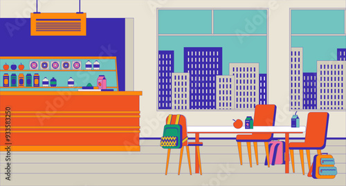 School canteen indoor empty cartoon flat illustration. Diner lunchroom. Cafeteria nobody 2D interior colorful background. Middle-school food court. Lunchtime snack bar room scene vector image