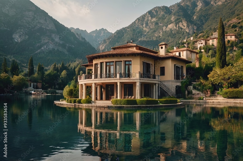 Fototapeta premium beautiful view of the villa by the lake with mountains