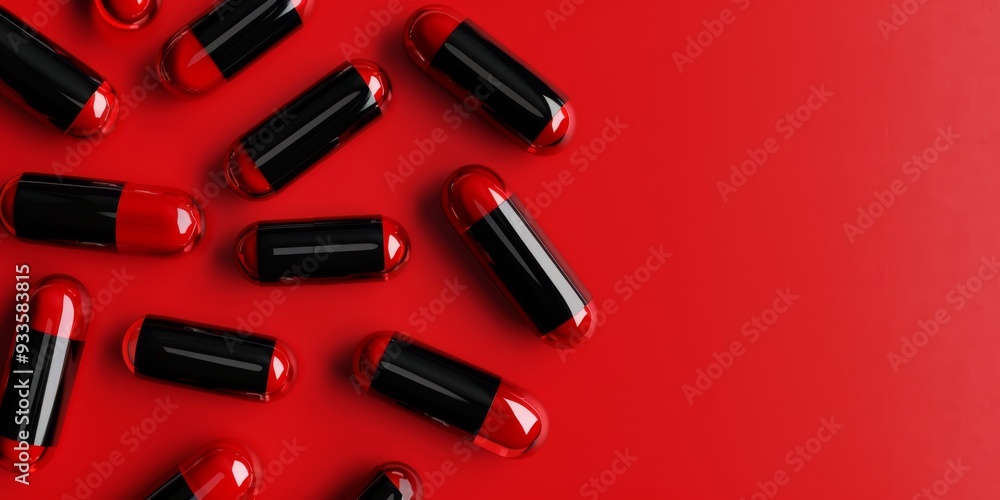 Red and black capsules on a vibrant red background. An ideal image for themes of healthcare, medication, and pharmaceuticals. Perfect for use in medical marketing, education, and editorial content Red and black capsules on a vibrant red background. An ideal image for themes of healthcare, medication, and pharmaceuticals. Perfect for use in medical marketing, education, and editorial content