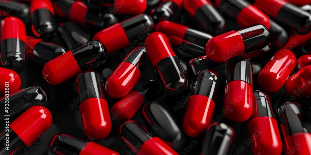 Close shot of black and red pills. Pharmaceuticals. Medicines. Generative AI Close shot of black and red pills. Pharmaceuticals. Medicines. Generative AI