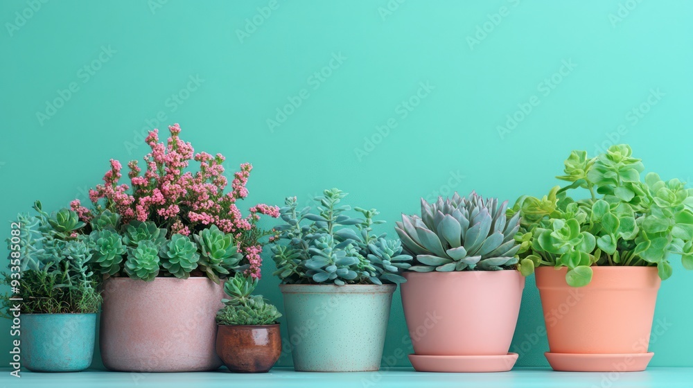 Colorful arrangement of potted plants against a turquoise background Colorful arrangement of potted plants against a turquoise background