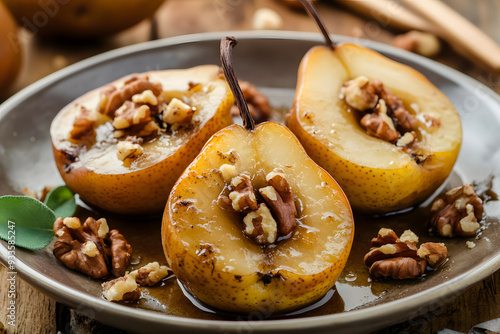 Sweet baked pears with honey and nuts commercial advertising photo