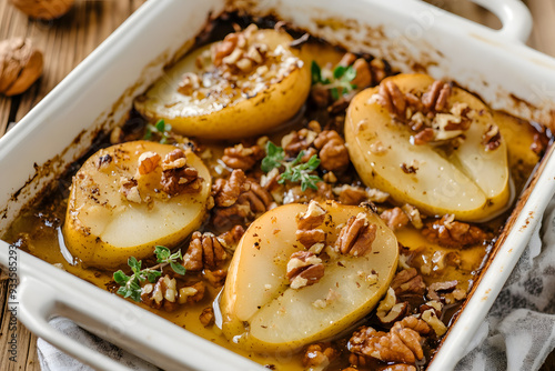 Sweet baked pears with honey and nuts commercial advertising photo