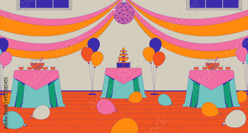 Highschool prom party interior cartoon flat illustration. High school dance formal event 2D interior colorful background. Ribbons balloons. Discotheque ball, punch bowls tables scene vector image