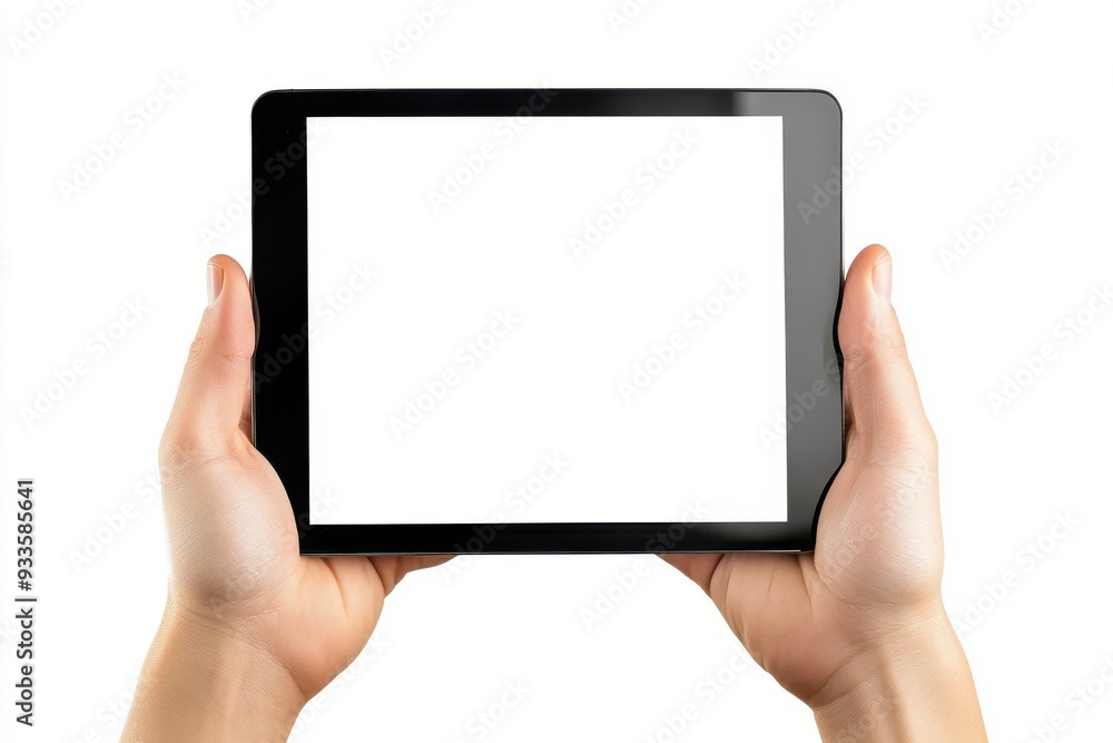 Hands holding a black tablet with a blank white screen, isolated on a white background. Hands holding a black tablet with a blank white screen, isolated on a white background.