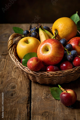 A basket of fresh fruits with apples, berries, bananas, oranges and cherries for healthy lifestyle