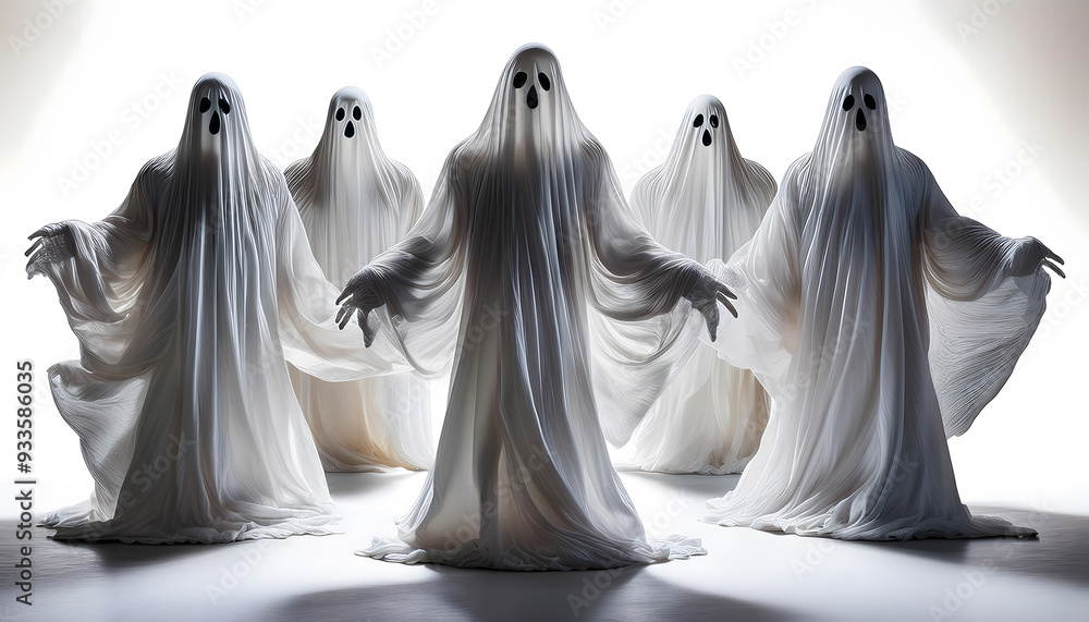 A collection of eerie, floating ghost figures made of white sheets with black eyes A collection of eerie, floating ghost figures made of white sheets with black eyes