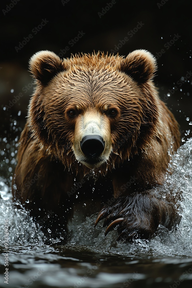 A bear charging through water in a dramatic night scene, powerful and intense A bear charging through water in a dramatic night scene, powerful and intense