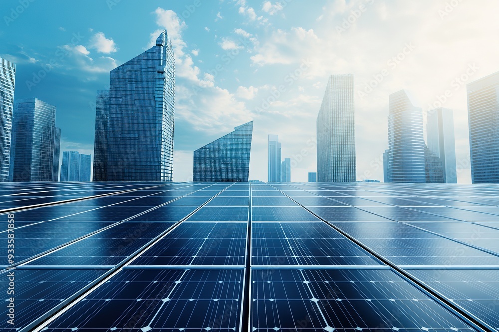 Solar panels in futuristic city, sustainable energy concept, sky Solar panels in futuristic city, sustainable energy concept, sky
