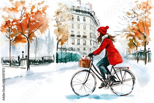Fototapeta Naklejka Na Ścianę i Meble -  French woman in red hat rides a bicycle on the street of Paris city France. Winter season.  Watercolor illustration with copy space.