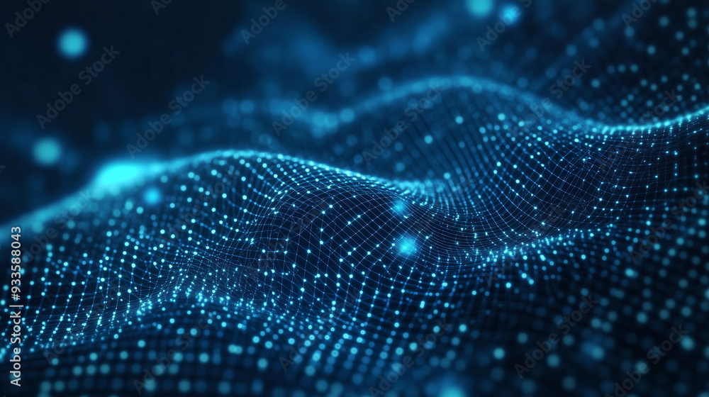 Blue Digital Grid Waves and Glowing Dots on Dark Background Blue Digital Grid Waves and Glowing Dots on Dark Background