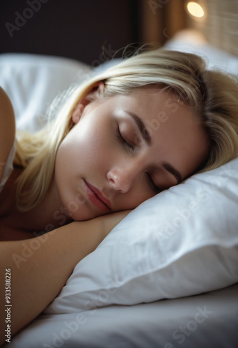 Peaceful blonde girl sleeping soundly in cozy bed, surrounded by soft pillows and serene nighttime atmosphere. Generative AI. Young blonde girl peacefully sleeps in bed, enjoying tranquil moment