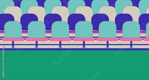 Stadium bleachers empty cartoon flat illustration. Football grandstands 2D interior colorful background. Arena tribune. Sports soccer field seating. Baseball stadium seats scene vector image