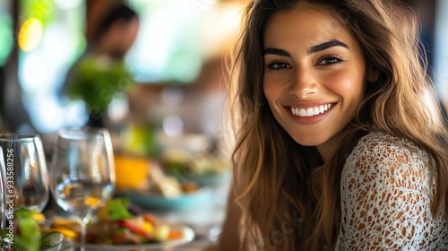 A woman with a radiant smile sitting at a welllit dining table filled with colorful, healthy dishes and wine glasses, with a soft focus on the lively background