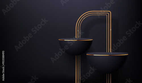 Black podium stages with golden arch frame for premium luxury showcase, vector mockup. Black podium stage hemisphere platforms with shiny golden glow arch frames for product stand display background