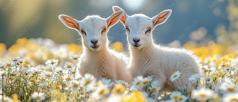 Baby goats playing in a meadow of daisies under a bright blue sky, joyful expressions Baby goats playing in a meadow of daisies under a bright blue sky, joyful expressions