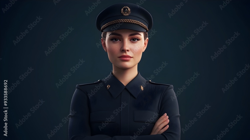 Confident female police officer in a dark uniform with arms crossed, representing authority and professionalism against a plain dark background. Confident female police officer in a dark uniform with arms crossed, representing authority and professionalism against a plain dark background.