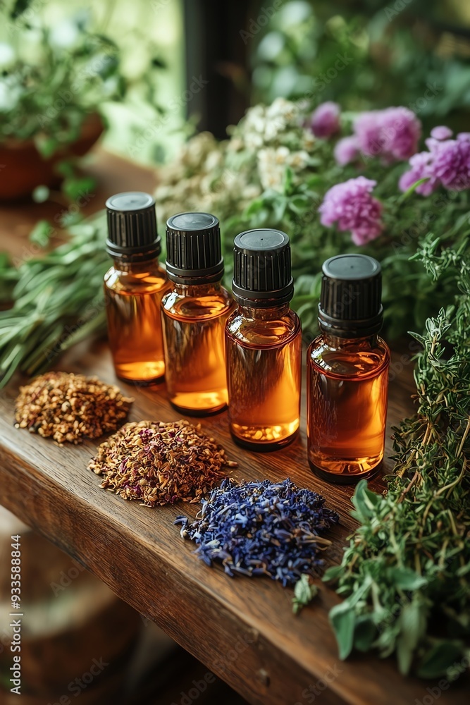 Bottles of essential oils and dried herbs arranged on a wooden table, with fresh flowers and greenery Bottles of essential oils and dried herbs arranged on a wooden table, with fresh flowers and greenery