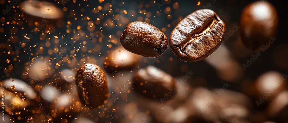 Coffee beans in midair against a dark background, showcasing their rich texture and aroma Coffee beans in midair against a dark background, showcasing their rich texture and aroma