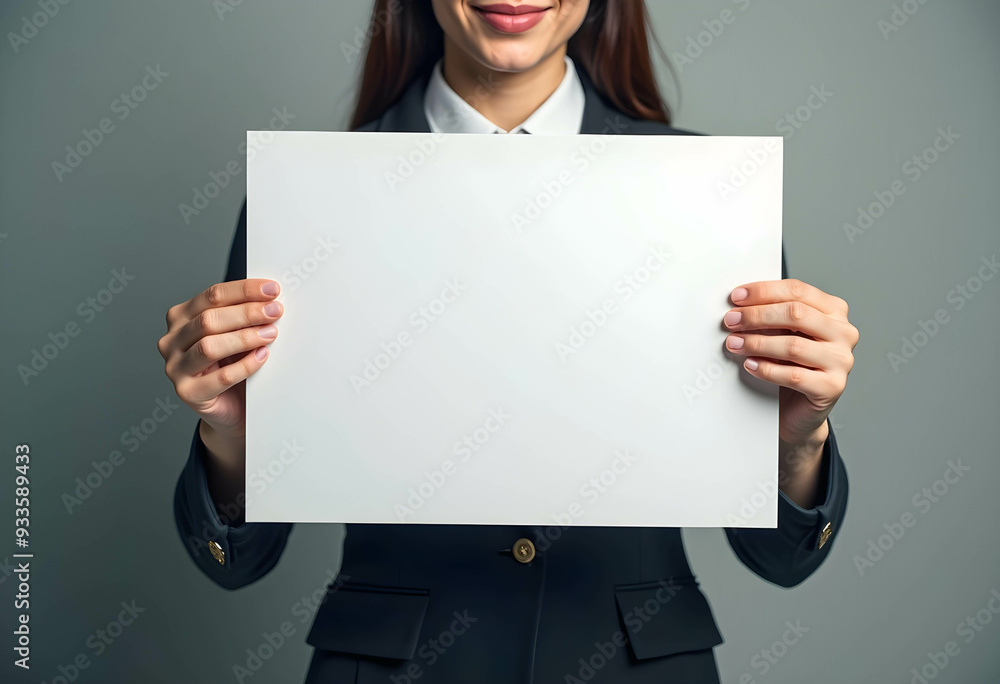 A businesswoman holding a blank white paper. The white empty sign provides space for text or graphics on the gray background A businesswoman holding a blank white paper. The white empty sign provides space for text or graphics on the gray background
