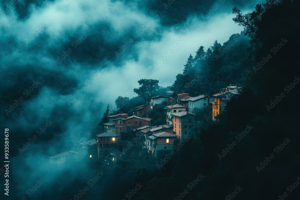 Fototapeta premium Foggy Mountain Village with Lit Windows at Dusk