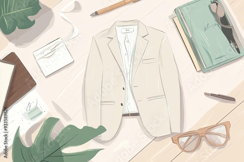 Stylish beige blazer arranged with accessories, showcasing modern workspace elements including glasses and stationery. photo