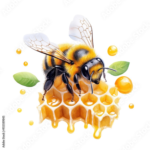 A vibrant bee perched on honeycomb with honey droplets and green leaves, representing nature's beauty and honey production.