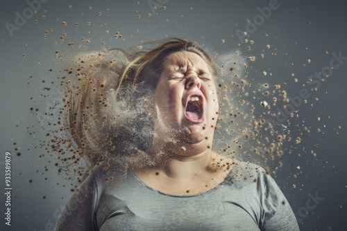 White woman sneezing causes small viruses to spread air. Harmful germs spread white woman loudly sneezes. Visualization of how germs and viruses travel air via sneezing. photo