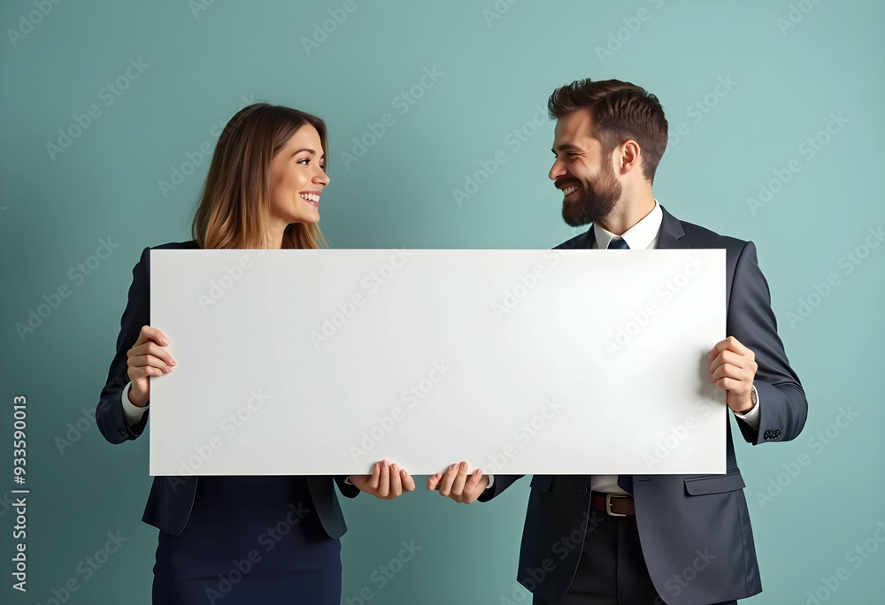 Two businessmen holding a blank white sign. The empty sign provides space for text or graphics to be added, making it ideal for various business or communication concepts Two businessmen holding a blank white sign. The empty sign provides space for text or graphics to be added, making it ideal for various business or communication concepts