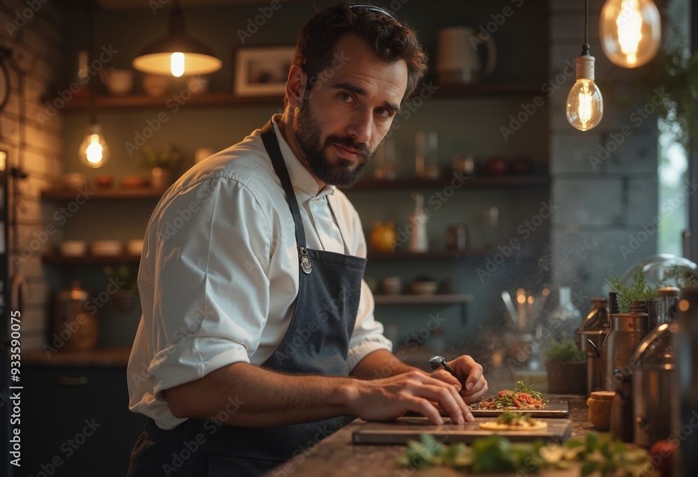Jewish man chef skillfully chops vegetables in cozy kitchen filled with warm lighting and inviting decor Jewish man chef skillfully chops vegetables in cozy kitchen filled with warm lighting and inviting decor
