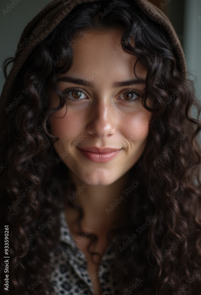 Charming young jewish woman with curly hair smiles warmly in softly lit indoor space Charming young jewish woman with curly hair smiles warmly in softly lit indoor space