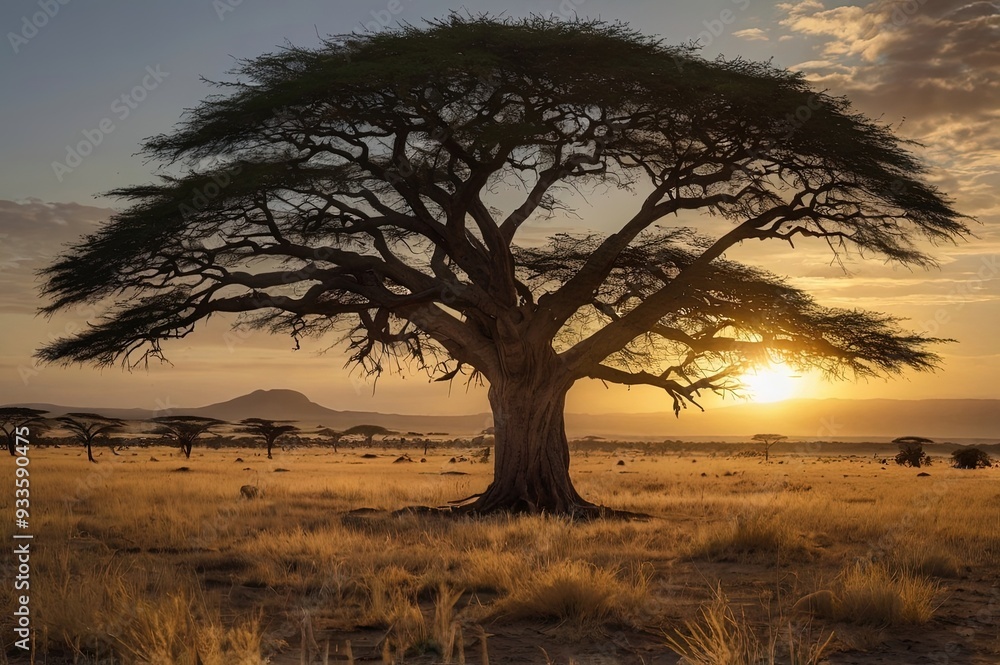 Obraz premium Savanna Sunrise and Acacia Tree in Tanzania Africa