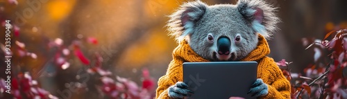 Koala dressed in human clothes, holding a laptop, quirky expression, gradient background, playful and whimsical photo