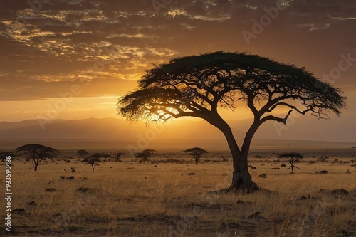 Savanna Sunrise and Acacia Tree in Tanzania Africa