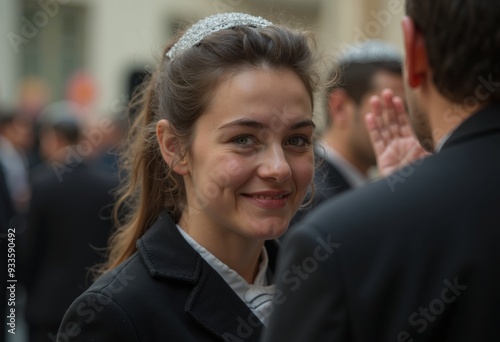 Cheerful jewish woman with sparkling eyes smiles warmly while talking to friend at outdoor event